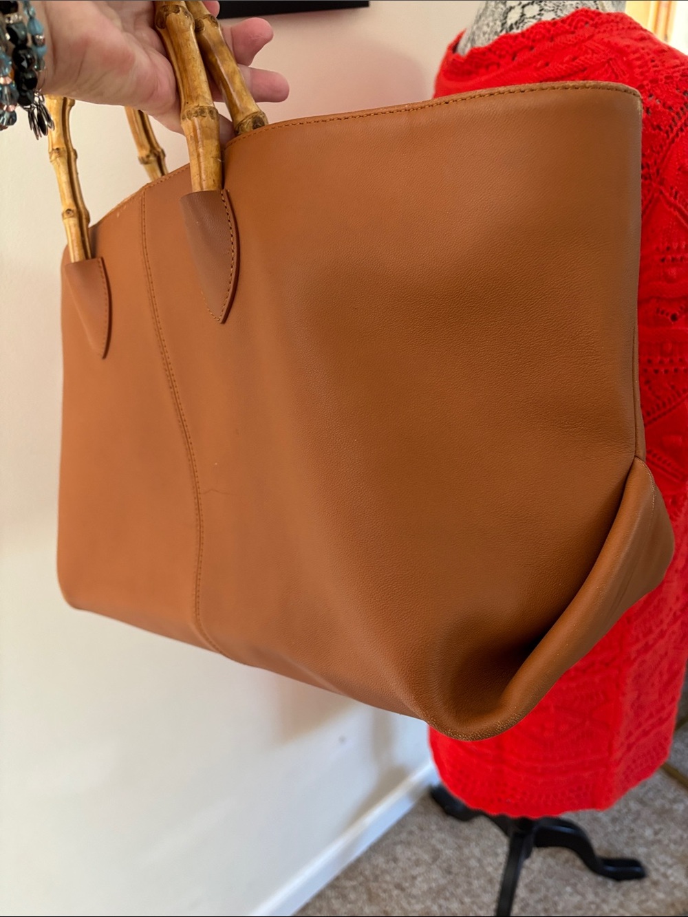 J. McLaughlin Bamboo-Handle Shoulder Chestnut Brown Tote Bag-Gorgeous! - Picture 7 of 13